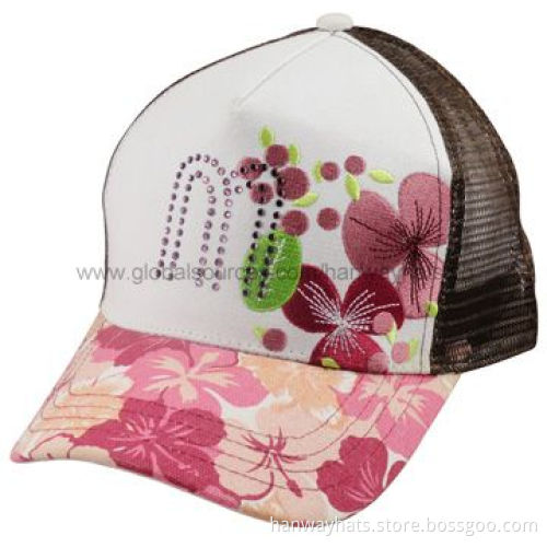 5-panel Canvas and Mesh Fashion Girl's Baseball Cap with Flat Embroidery and RhinestonesNew